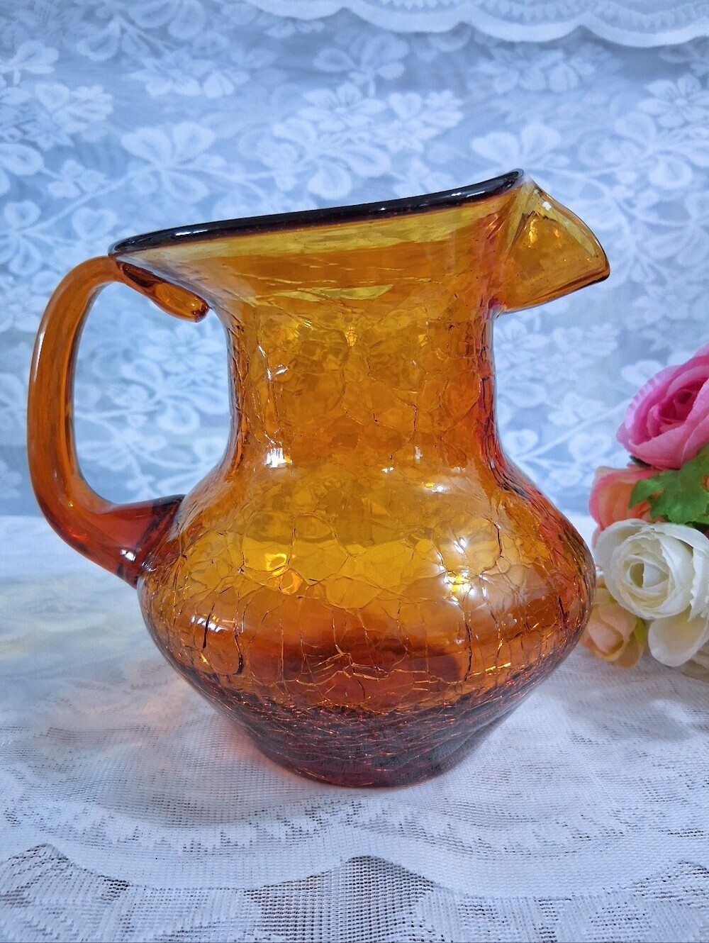 Vintage Mid-Century Amber Art Glass Pitcher Crackle Finish Medium Size MCM
